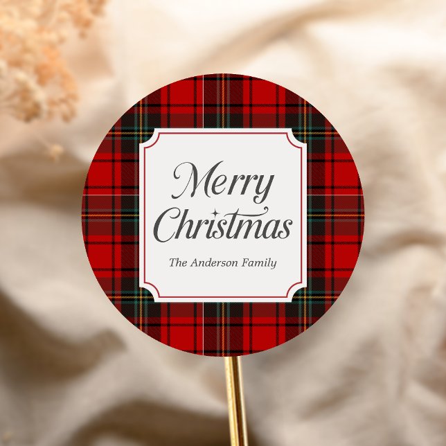 Adesivo Redondo Red Plaid Merry Christmas (Red Plaid Modern Merry Christmas Holiday Sticker)