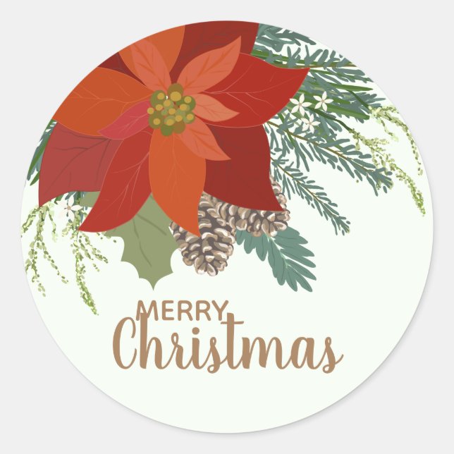 Adesivo Redondo Red Poinsettia buquê floral de Natal (Frente)