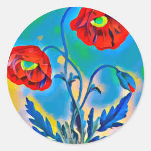 Adesivo Redondo Red Poppies flores Abstrato arte digital original