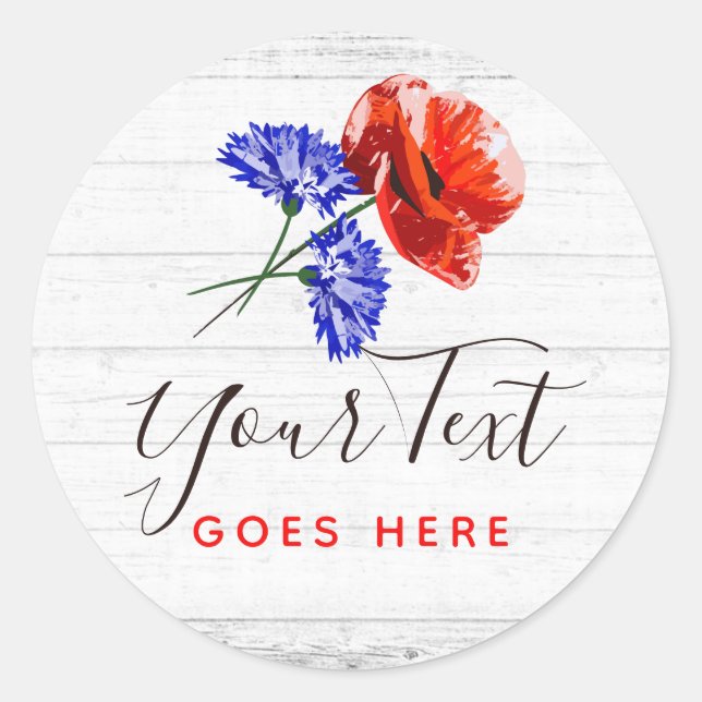 Adesivo Redondo Red Poppy & Cornflower Rusflower Wood Floral Bouti (Frente)