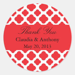 Adesivo Redondo Red Quatrefoil Patterno Casamento Obrigado Sticker