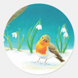 Adesivo Redondo Red Robin Bird e Snowdrops Ilustração