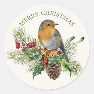 Adesivo Redondo Red Robin, pine, cones, Natal com mistério