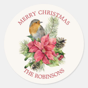 Adesivo Redondo Red robin, Poinsettia, pinho, Natal Holly