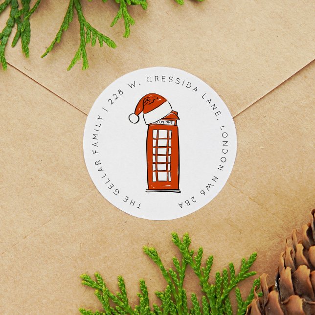 Adesivo Redondo Red Santa Hat London Caixa telefônica Endereço de  (Red Santa Hat London Telephone Box Return Address Classic Round Sticker)