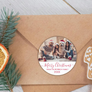 Adesivo Redondo Red Script White Family Foto Feliz Natal