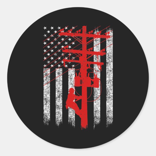 Adesivo Redondo Red Silhouette American Flag Lineman Electrician  (Frente)