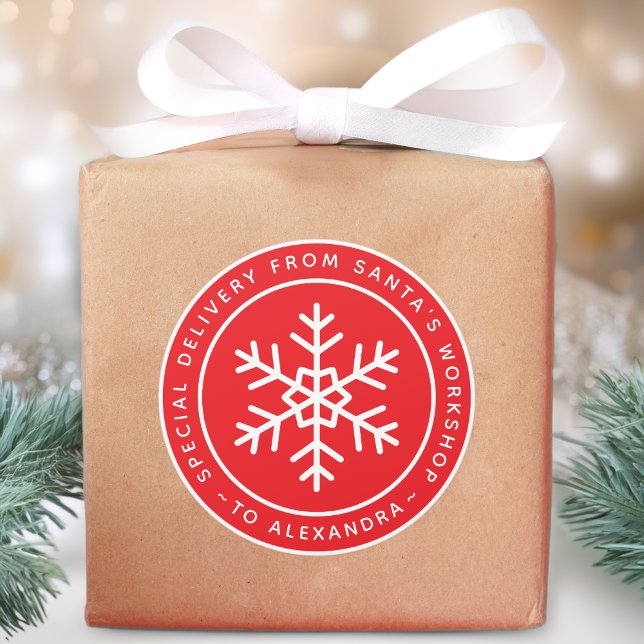 Adesivo Redondo Red Special Delivery from Santa to Name Snowflake (Criador carregado)