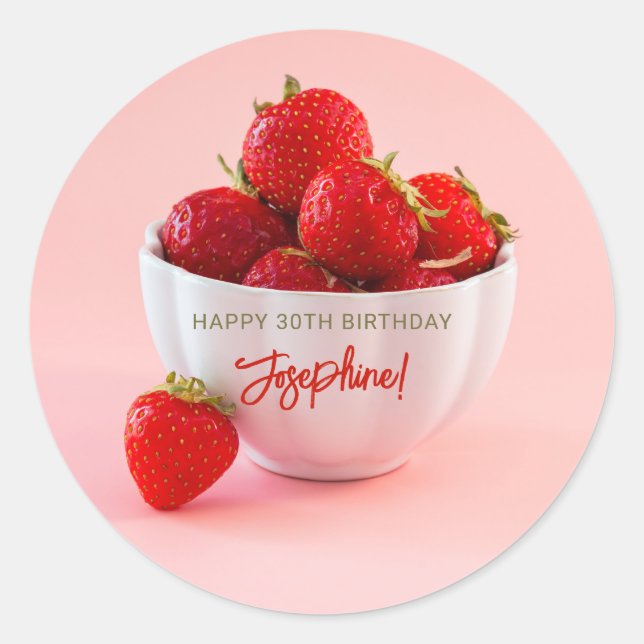 Adesivo Redondo Red Strawberries Photo On Pink Happy Birthday (Frente)
