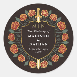 Adesivo Redondo Red Sword Shield Medieval Fantasy Casamento Monogr