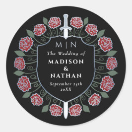 Adesivo Redondo Red Sword Shield Medieval Fantasy Casamento Monogr