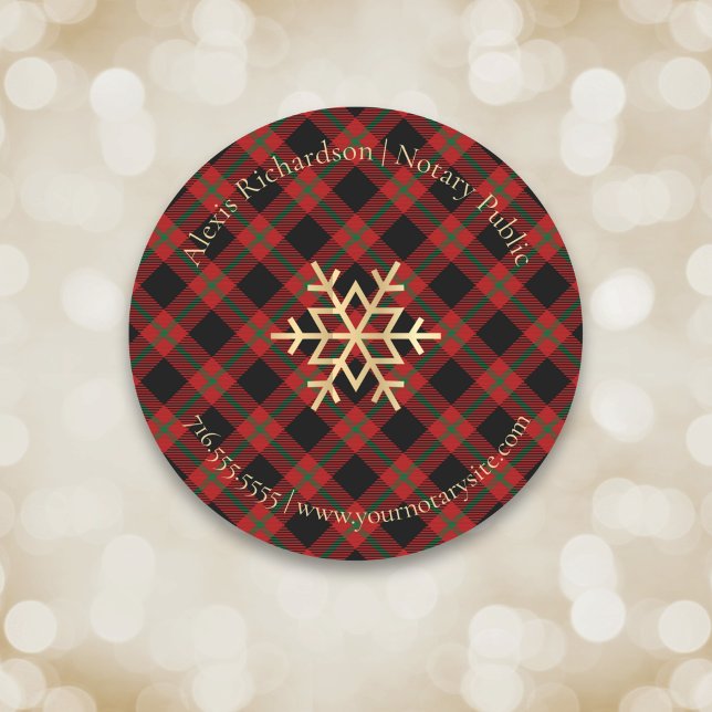 Adesivo Redondo Red Tartan Snowflake Notary Holiday Business (Criador carregado)