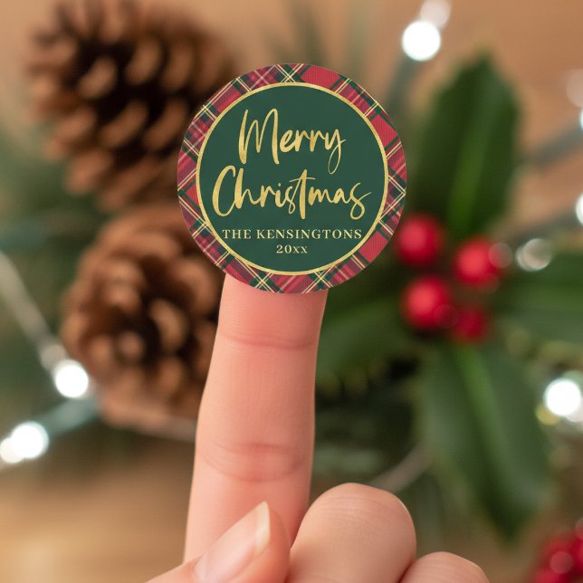 Adesivo Redondo Red Tartan Xadrez Dourada Script Feliz Natal (Red Tartan Plaid Gold Script Merry Christmas Classic Round Sticker)
