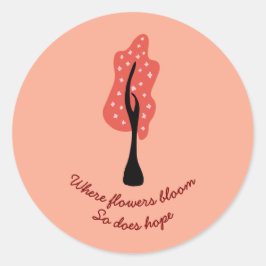 Adesivo Redondo Red tree in blossom with pink flowers and quote