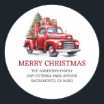 Adesivo Redondo Red Truck Merry Christmas Return Labs<br><div class="desc">Crie belas etiquetas de endereço de volta de Natal com carregando de caminhão vermelho a aquarela,  uma árvore de Natal e presentes. Personalize facilmente estas bonitas etiquetas de Natal com o seu nome e endereço familiar.</div>