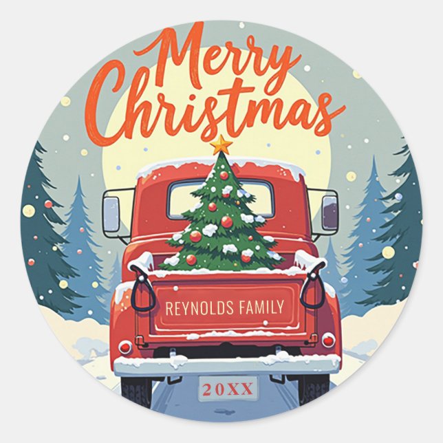 Adesivo Redondo Red Truck Merry Christmas Round Sticker (Frente)