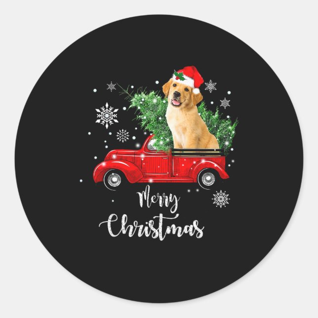 Adesivo Redondo Red Truck Merry Christmas Tree Golden Retriever Ch (Frente)