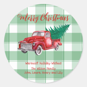 Adesivo Redondo Red Truck Pine Tree Feliz Natal Gingham Verde