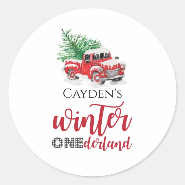 Adesivo Redondo Red Truck Winter Onederland First Birthday Favor (Frente)