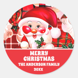 Adesivo Redondo Red Vintage Santa Claus Tartan Xadrez Natal