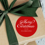 Adesivo Redondo Red Vintage Script Modern Felry Christmas<br><div class="desc">Red Vintage Script Modern Merry Christmas Classic Round Sticker é a adição perfeita aos presentes de Natal deste ano,  com o vintage styled script e seu nome.</div>
