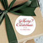 Adesivo Redondo Red Vintage Script Modern Felry Christmas<br><div class="desc">Red Vintage Script Modern Merry Christmas Classic Round Sticker é a adição perfeita aos presentes de Natal deste ano,  com o vintage styled script e seu nome.</div>