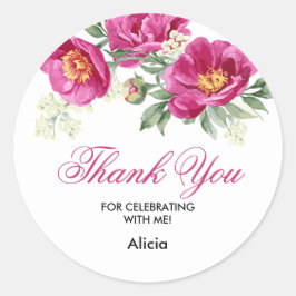 Adesivo Redondo Red Violet Peony Floral Greenery Obrigado Sticker