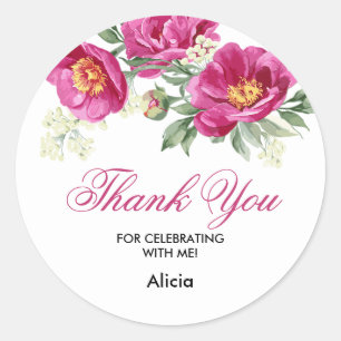 Adesivo Redondo Red Violet Peony Floral Greenery Obrigado Sticker