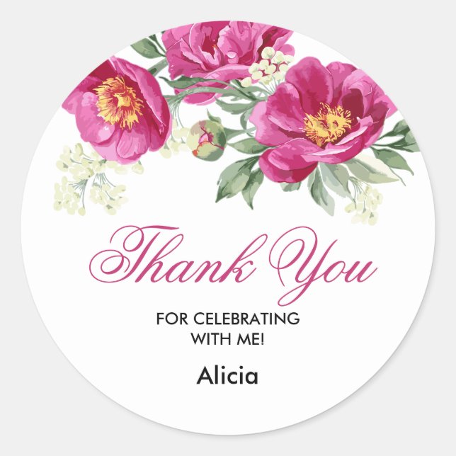 Adesivo Redondo Red Violet Peony Floral Greenery Obrigado Sticker (Frente)