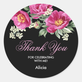 Adesivo Redondo Red Violet Peony Greenery Black Obrigado Sticker