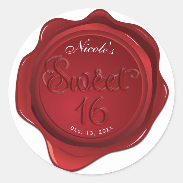 Adesivo Redondo Red Wax Seal Sweet 16 Partido Formal Elegante (Frente)