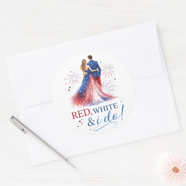 Adesivo Redondo Red White and I do Americana Wedding (Envelope)