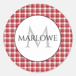 Adesivo Redondo Red White Checks Monograma de Xadrez