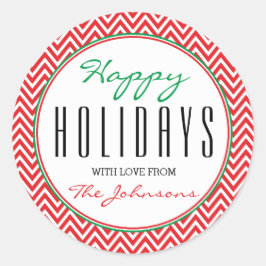 Adesivo Redondo Red & White Chevron "Felizes Feriados" Xmas