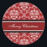 Adesivo Redondo Red White Damask Merry Christmas Stickers<br><div class="desc">Vinhetas de Natal felizes em cor damasco floral clássica vermelha e branca,  elegante e festiva para o período de férias. Disponível em cartões correspondentes e postais.</div>