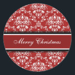 Adesivo Redondo Red White Damask Merry Christmas Stickers<br><div class="desc">Vinhetas de Natal felizes em cor damasco floral clássica vermelha e branca,  elegante e festiva para o período de férias. Disponível em cartões correspondentes e postais.</div>