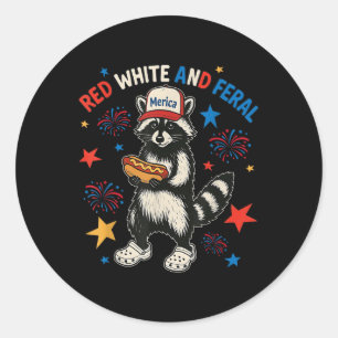 Adesivo Redondo Red White E Feral Funny Raccoon 4 De Julho T-sh