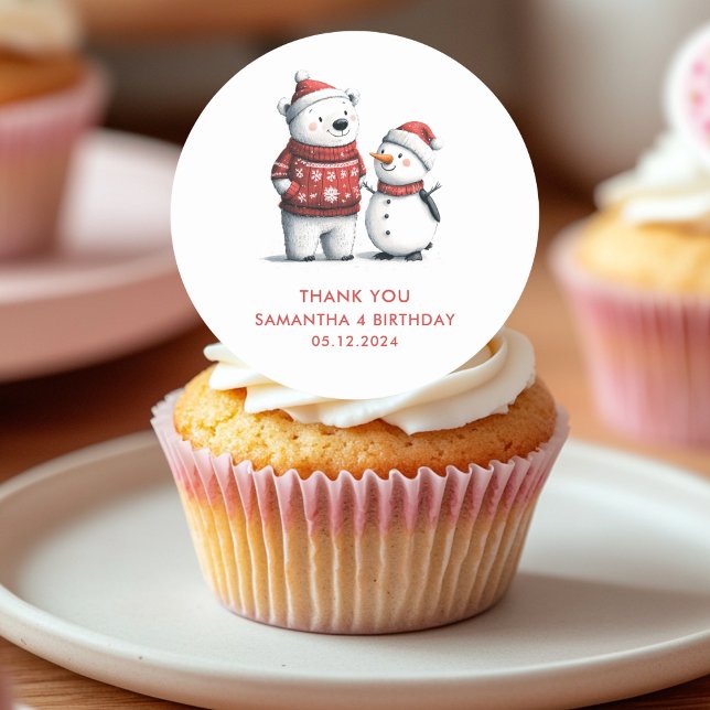 Adesivo Redondo Red Winter Bear e Snowmen Obrigado | Inverno (Criador carregado)