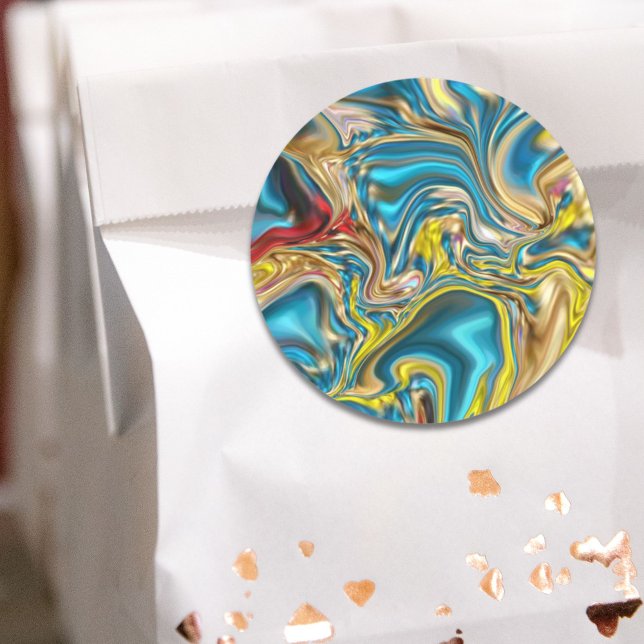 Adesivo Redondo redemoinhos de mármore abstratos amarelo turquesa  (abstract marble swirls yellow teal turquoise blue classic round sticker)