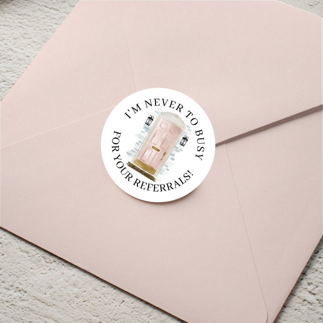 Adesivo Redondo Referência do Imobiliário da Porta de Água Rosa (Pink Watercolor Front Door Real Estate Referral Classic Round Sticker)