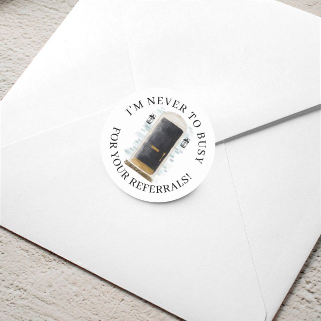 Adesivo Redondo Referências de Portas Imobiliários da Frente de Co (Black Watercolor Front Door Real Estate Referral Classic Round Sticker)