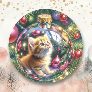 Adesivo Redondo Reflexão de Kitten em um Enfeites de natal