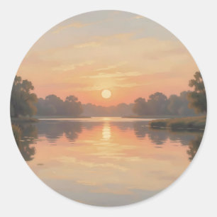 Adesivo Redondo Reflexo do Lago na Hora Dourada Impressionista