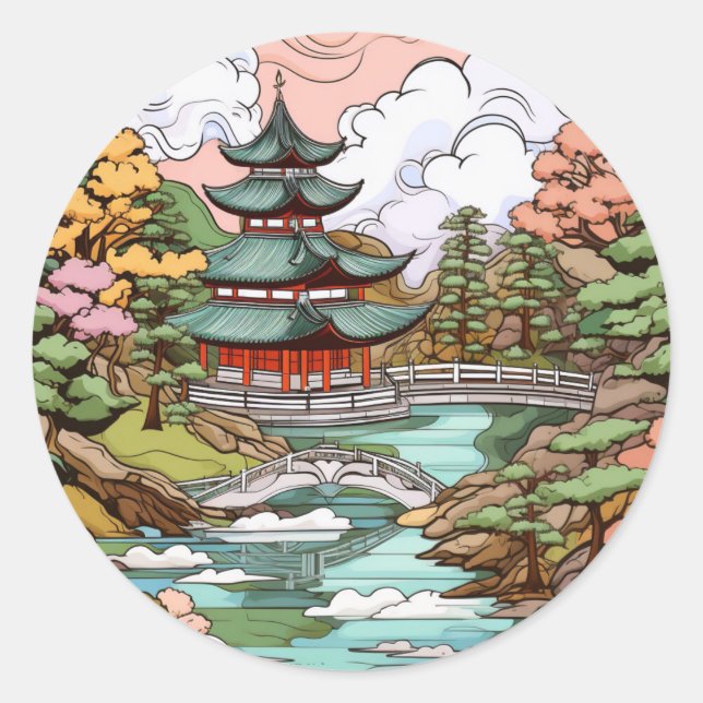 Adesivo Redondo Reflexões de Pond: Temple e Bridge Art (Frente)