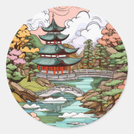 Adesivo Redondo Reflexões de Pond: Temple e Bridge Art