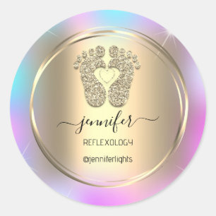 Adesivo Redondo Reflexologia Bebê Pés Dourados Holografia Dourada