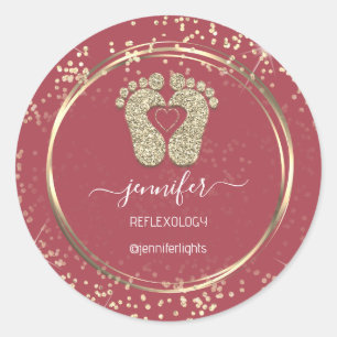 Adesivo Redondo Reflexologia Febre Cardíaca Rosa Confetti Dourado