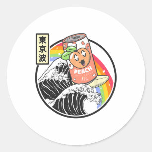 Adesivo Redondo Refrigerante de Pêssego Surfando Onda Kanagawa Jap