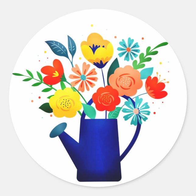 Adesivo Redondo Regador Azul Elegante & Flores Vermelhas Amarelas (Frente)