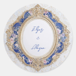 Adesivo Redondo Regal Vitoriano Azul Dourado Floral Oval Casamento